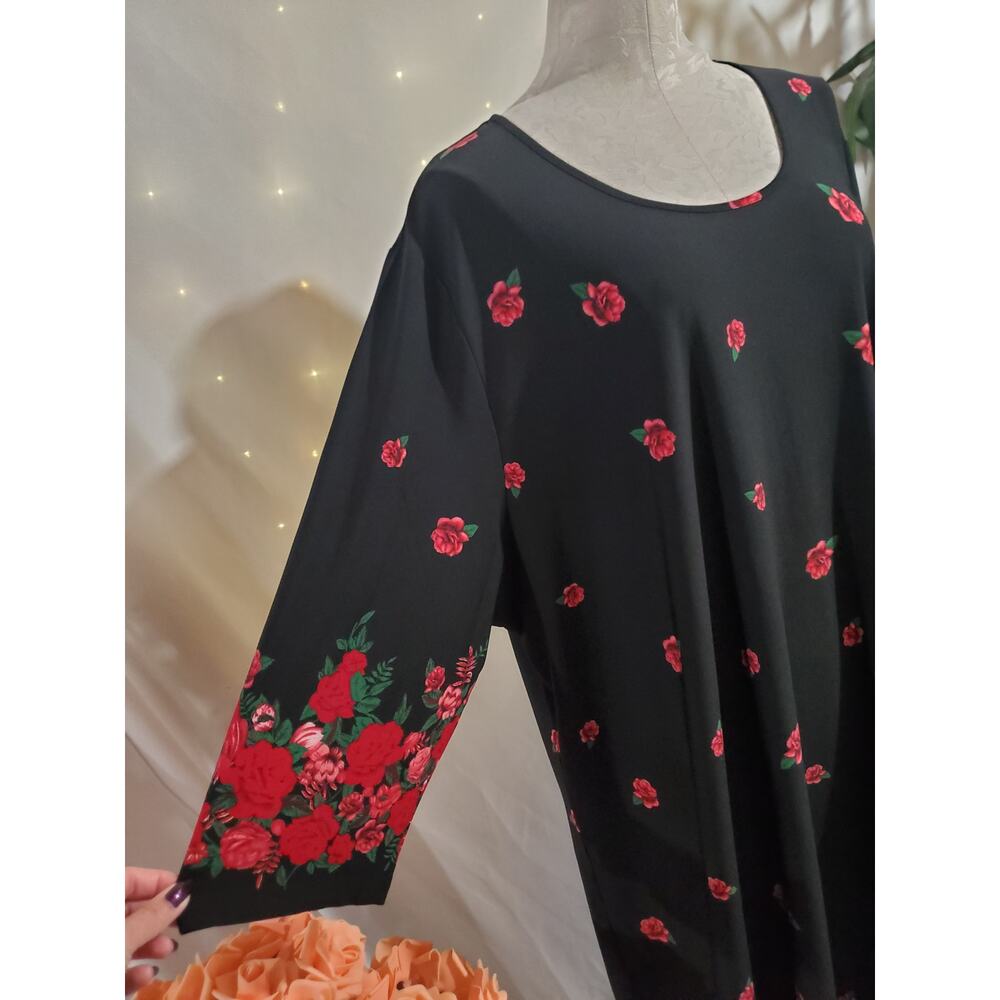 Ulla Popken Floral Rose Scoop Neck 3/4 Sleeve Maxi Dress Size 28/30 Black Red - Picture 5 of 10